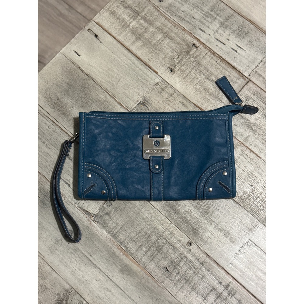 Rosetti Teal Blue Faux Leather Wristlet Clutch Wallet Silver Hardware Studded